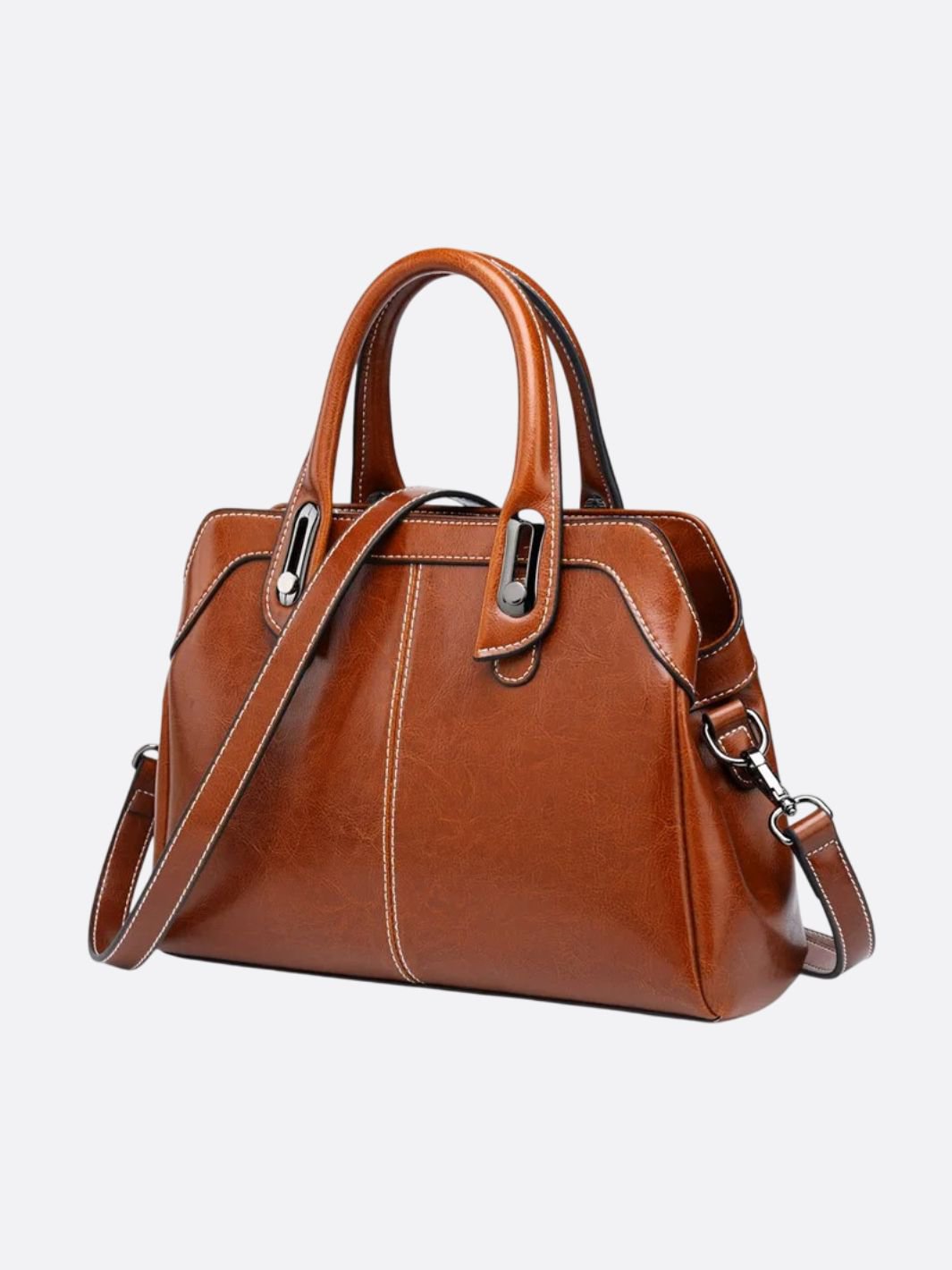 Vintage Leather Handbag with Top Handle and Detachable Strap - in Camel | Arvea Bags