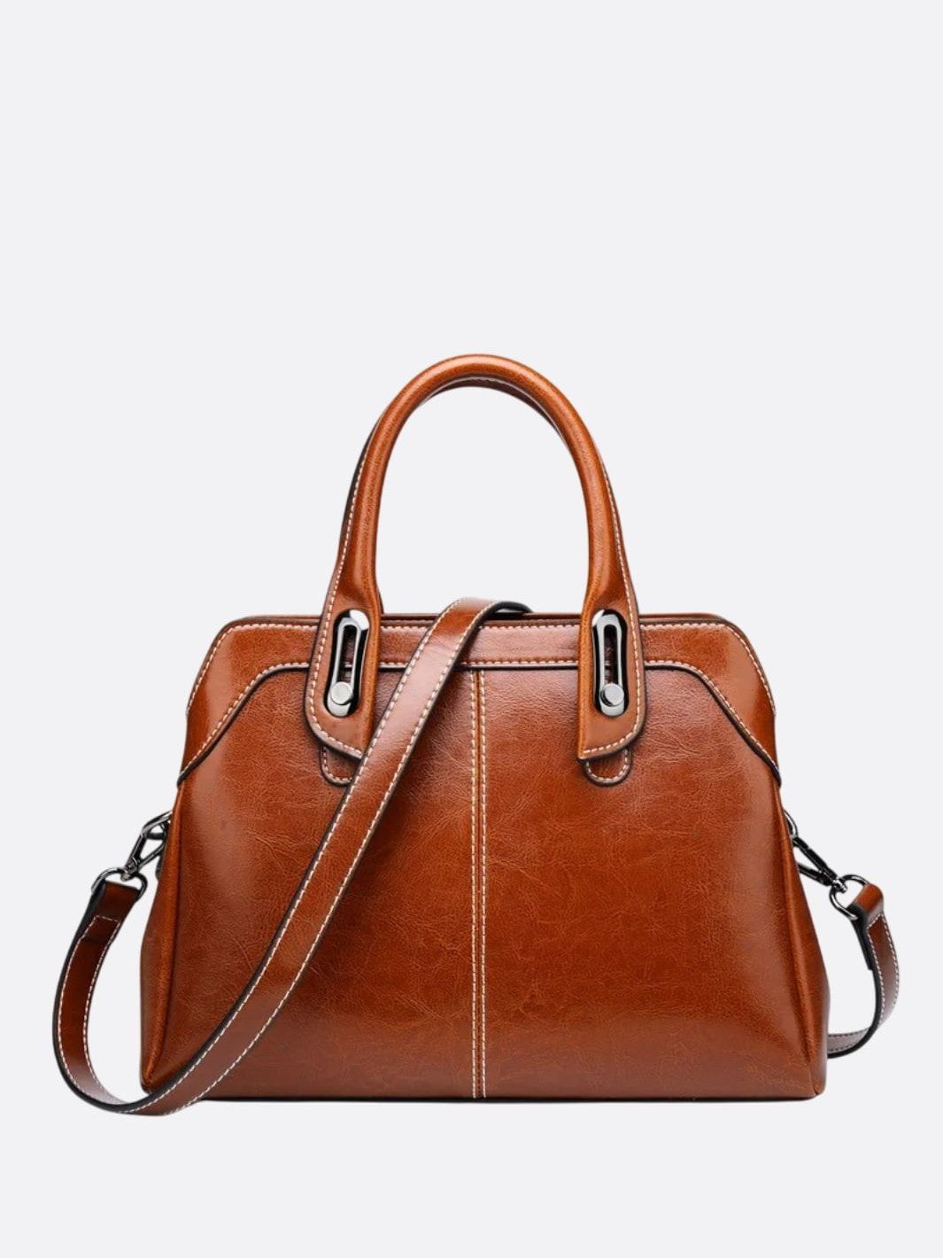 Vintage Leather Handbag with Top Handle and Detachable Strap - in Camel | Arvea Bags