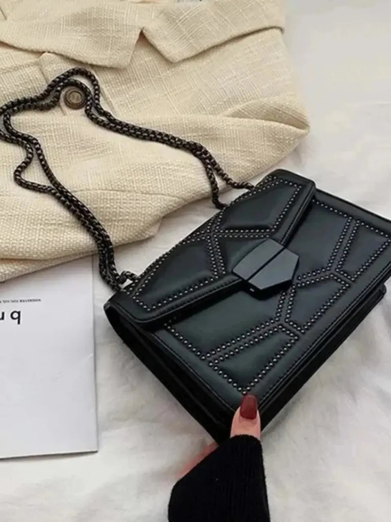Vionara | Black Studded Leather Shoulder Bag – Edgy Elegance - in Black | Arvea Bags