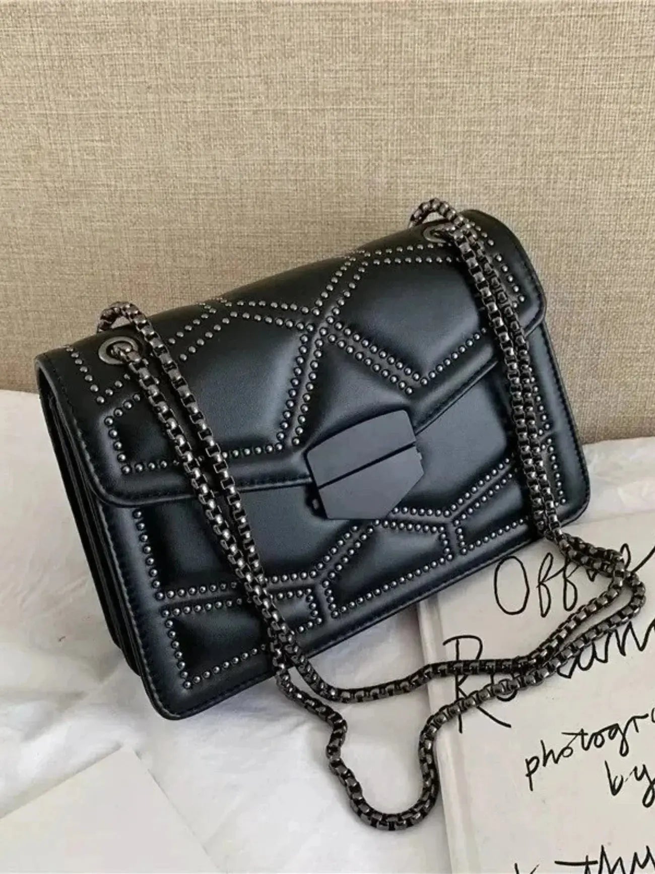 Vionara | Black Studded Leather Shoulder Bag – Edgy Elegance - in Black | Arvea Bags