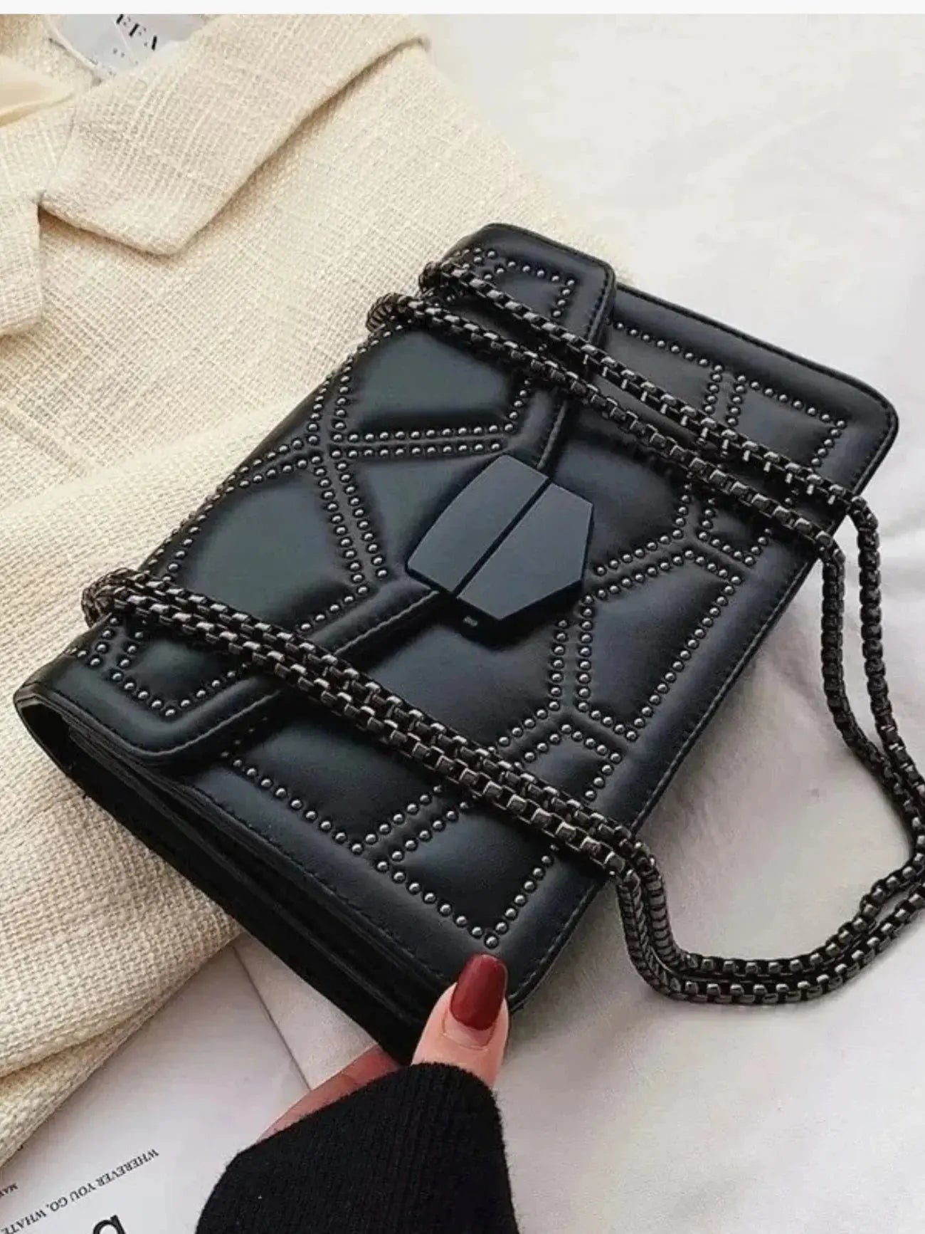 Vionara | Black Studded Leather Shoulder Bag – Edgy Elegance - in Black | Arvea Bags