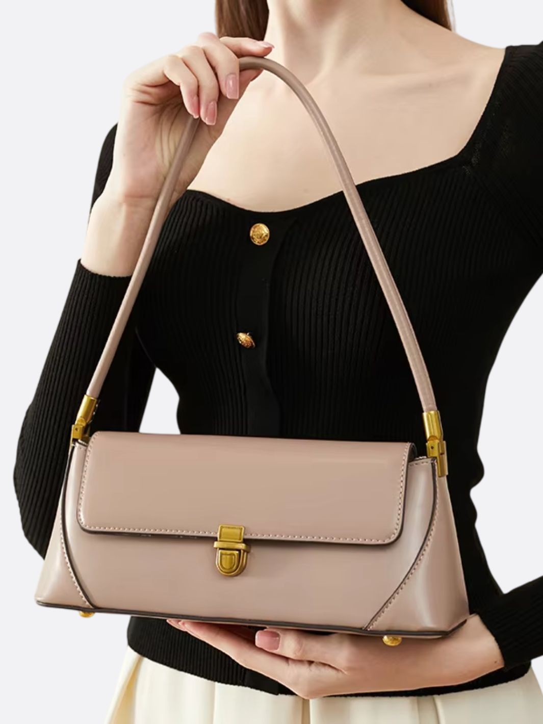 Vivienne Retro Baguette Bag – Structured Leather Shoulder Purse - in Beige | Arvea Bags