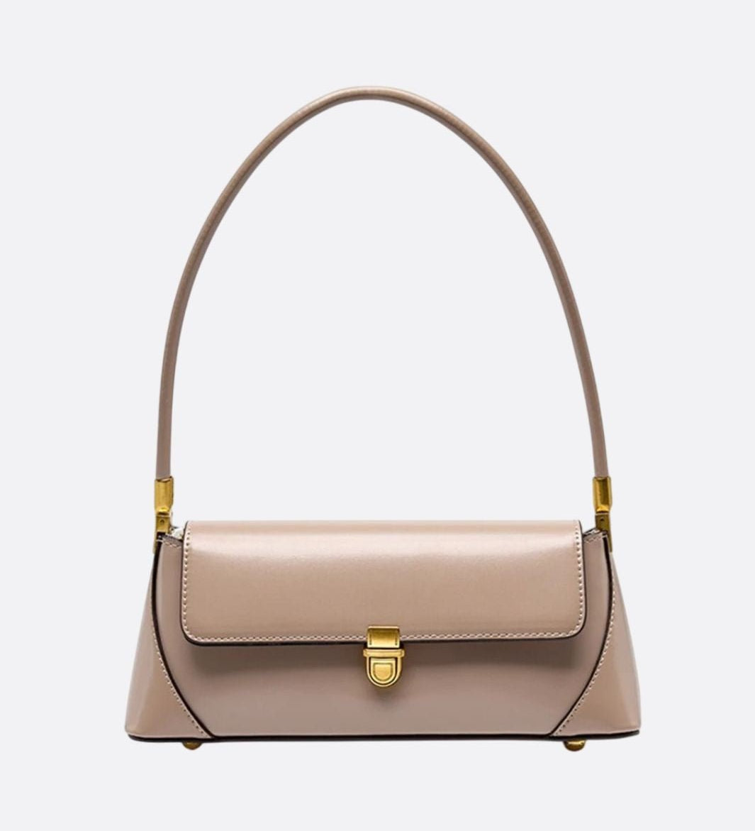 Vivienne Retro Baguette Bag – Structured Leather Shoulder Purse - in Beige | Arvea Bags
