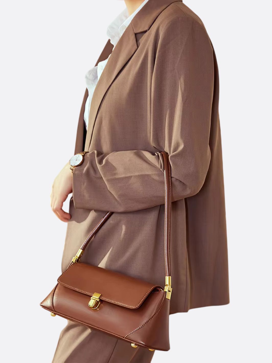 Vivienne Retro Baguette Bag – Structured Leather Shoulder Purse - in Brown | Arvea Bags