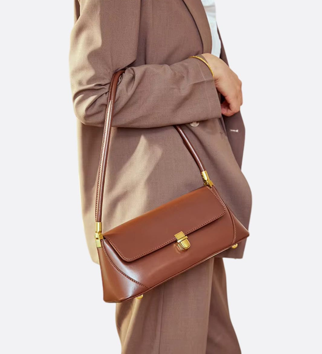 Vivienne Retro Baguette Bag – Structured Leather Shoulder Purse - in Brown | Arvea Bags