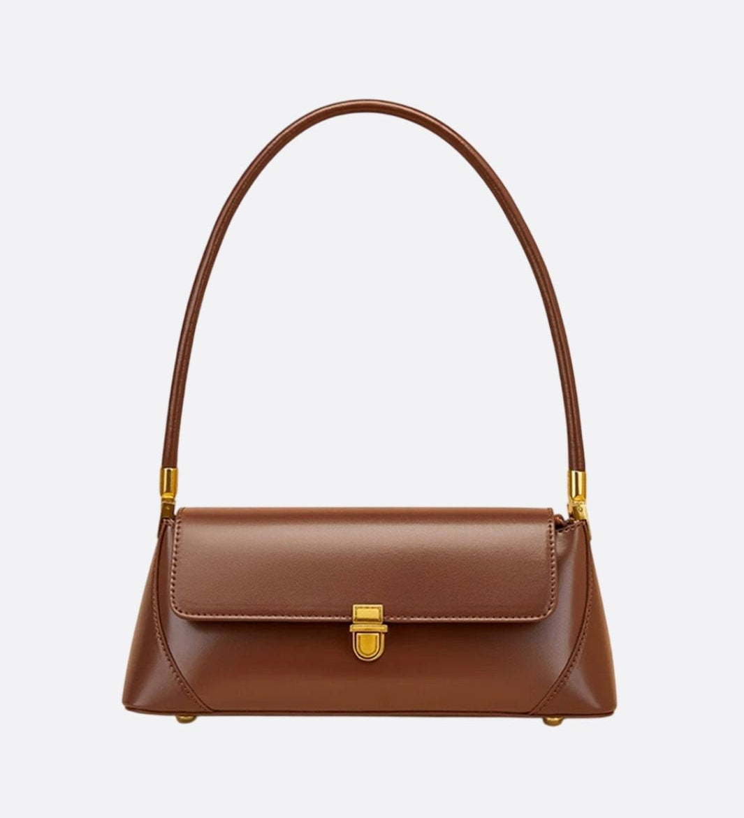 Vivienne Retro Baguette Bag – Structured Leather Shoulder Purse - in Brown | Arvea Bags