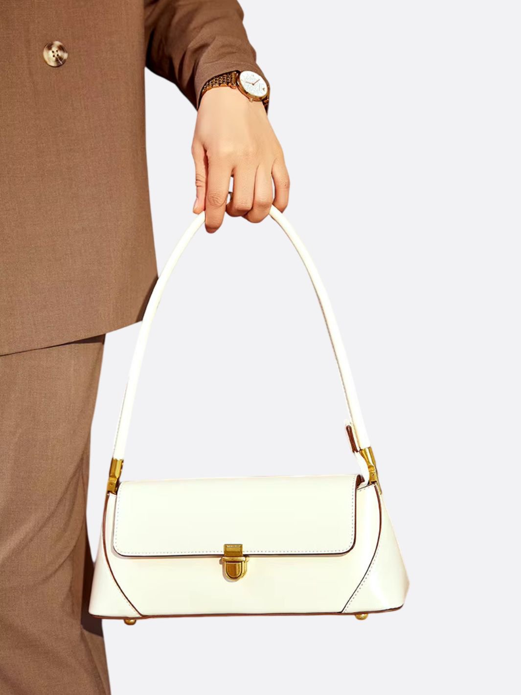 Vivienne Retro Baguette Bag – Structured Leather Shoulder Purse - in Light Beige | Arvea Bags