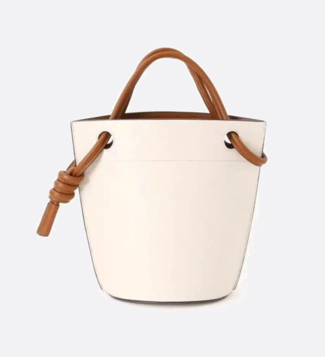 White Minimalist Bucket Bag – Faux Leather with Knotted Handle Detail - in Light Beige | Arvea Bags