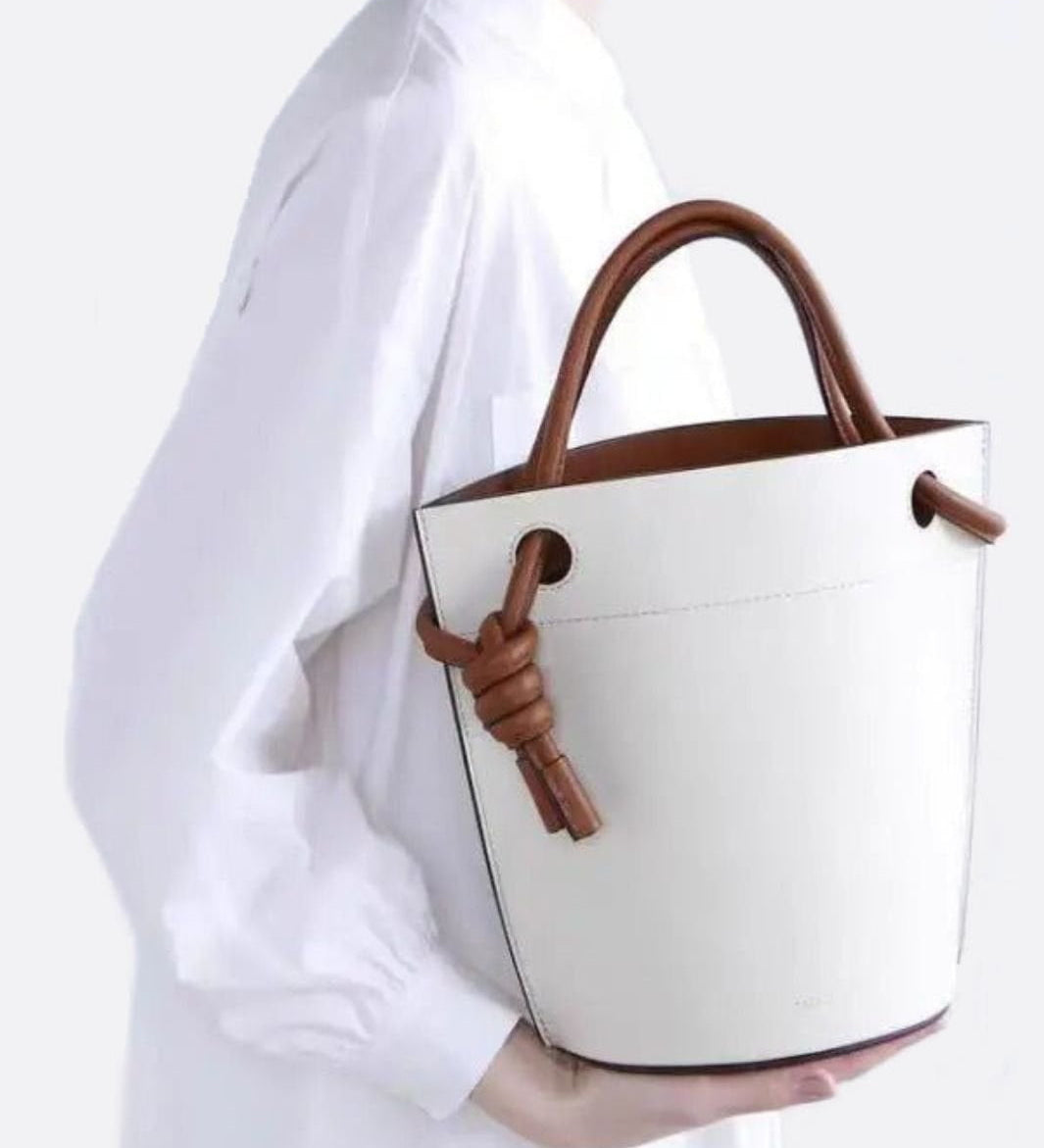 White Minimalist Bucket Bag – Faux Leather with Knotted Handle Detail - in Light Beige | Arvea Bags