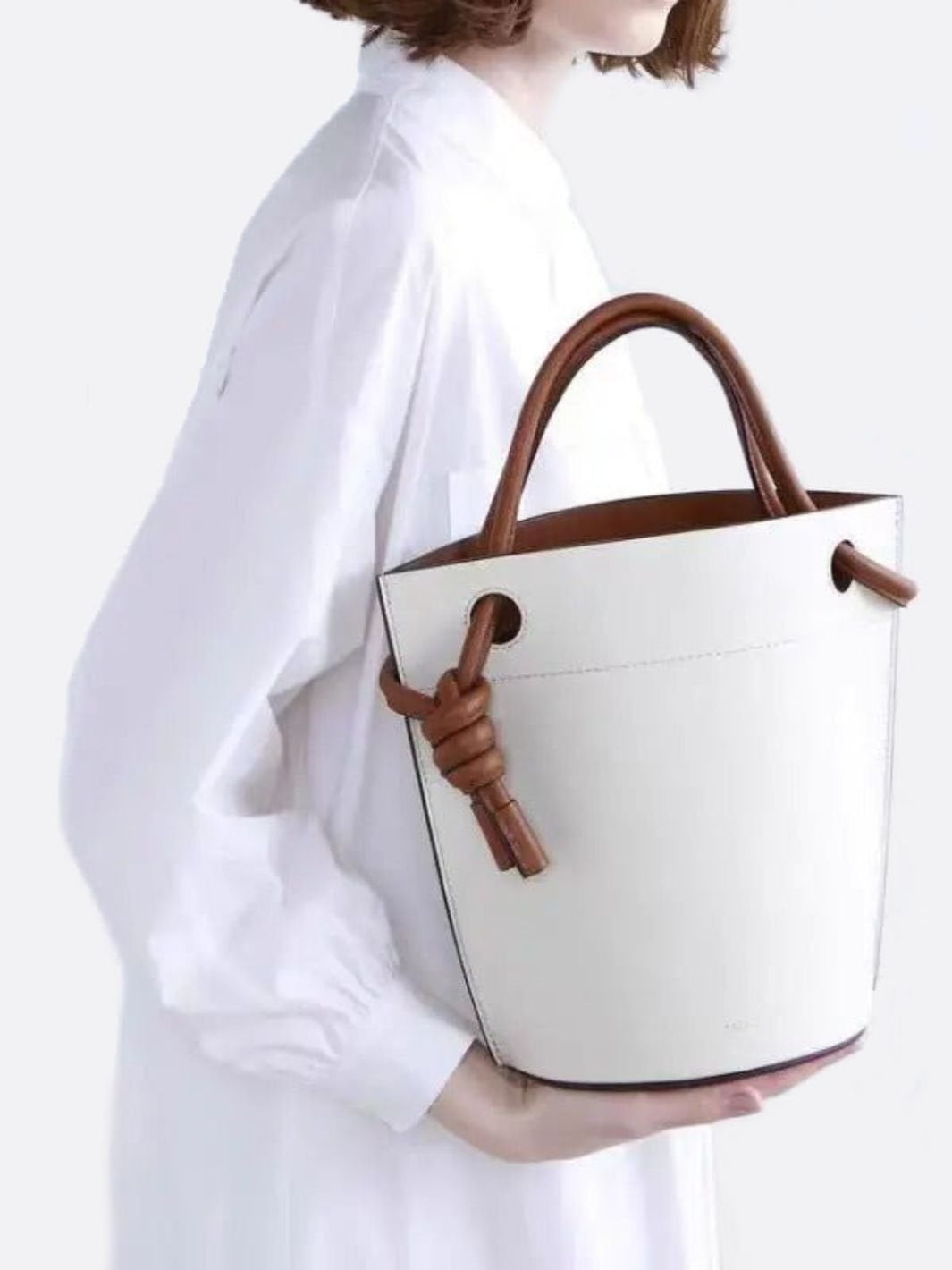 White Minimalist Bucket Bag – Faux Leather with Knotted Handle Detail - in Light Beige | Arvea Bags