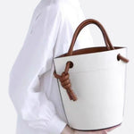 White Minimalist Bucket Bag – Faux Leather with Knotted Handle Detail - in Light Beige | Arvea Bags