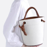 White Minimalist Bucket Bag – Faux Leather with Knotted Handle Detail - in Light Beige | Arvea Bags