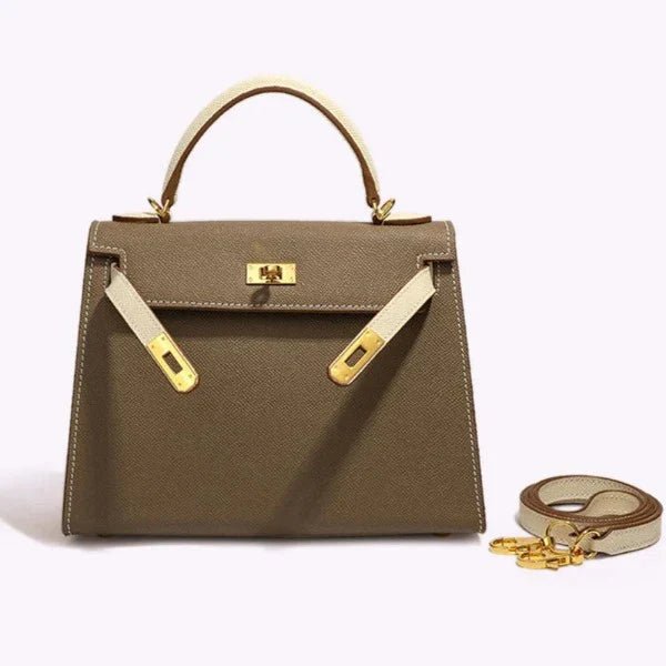 Women’s Faux Leather Top Handle Bag – Small Structured Handbag for Everyday Use UK - in Khaki | Arvea Bags