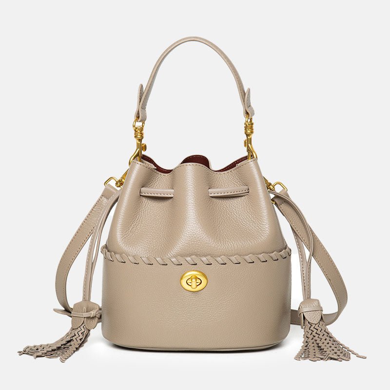 Women’s Leather Bucket Bag – Hand - Stitched Minimalist Design - in Khaki | Arvea Bags