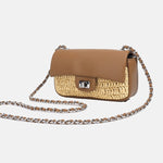 Women's Minimalist Straw Woven Leather Crossbody Bag with Silver Chain Handle - in Almond Brown | Arvea Bags