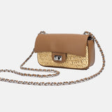 Women's Minimalist Straw Woven Leather Crossbody Bag with Silver Chain Handle - in Almond Brown | Arvea Bags