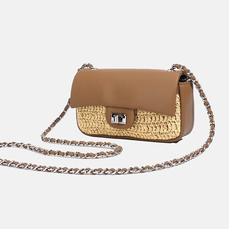Women's Minimalist Straw Woven Leather Crossbody Bag with Silver Chain Handle - in Almond Brown | Arvea Bags