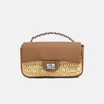 Women's Minimalist Straw Woven Leather Crossbody Bag with Silver Chain Handle - in Almond Brown | Arvea Bags