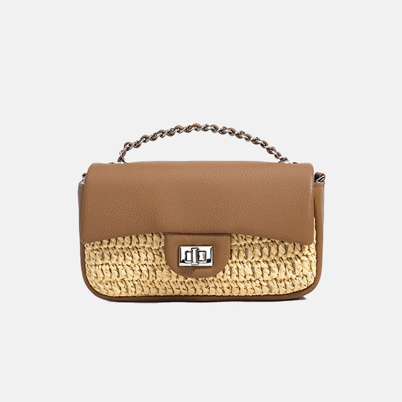 Women's Minimalist Straw Woven Leather Crossbody Bag with Silver Chain Handle - in Almond Brown | Arvea Bags