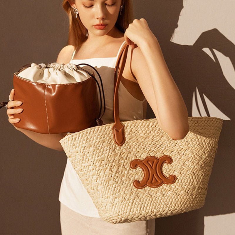 Women's Vintage Straw Woven Tote Bag with Leather Handles and Decorative Emblem - in Apricot | Arvea Bags