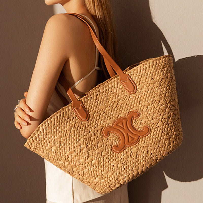 Women's Vintage Straw Woven Tote Bag with Leather Handles and Decorative Emblem - in Khaki | Arvea Bags