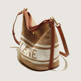 Women's Vintage Woven Wool Bucket Bag with Leather Trim and Matching Pouch - in Tan Brown | Arvea Bags