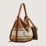 Women's Vintage Woven Wool Bucket Bag with Leather Trim and Matching Pouch - in Tan Brown | Arvea Bags
