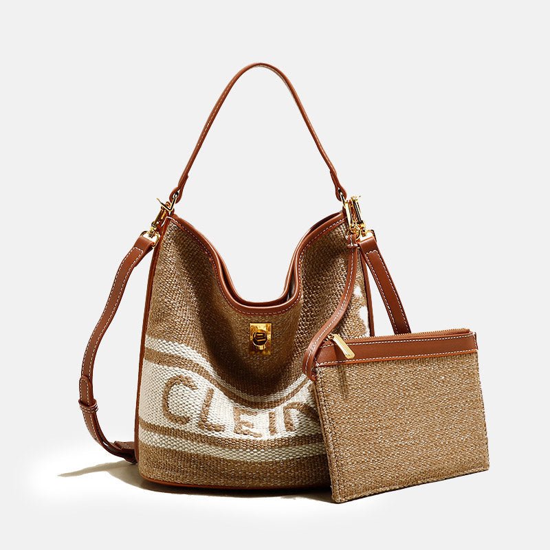 Women's Vintage Woven Wool Bucket Bag with Leather Trim and Matching Pouch - in Tan Brown | Arvea Bags