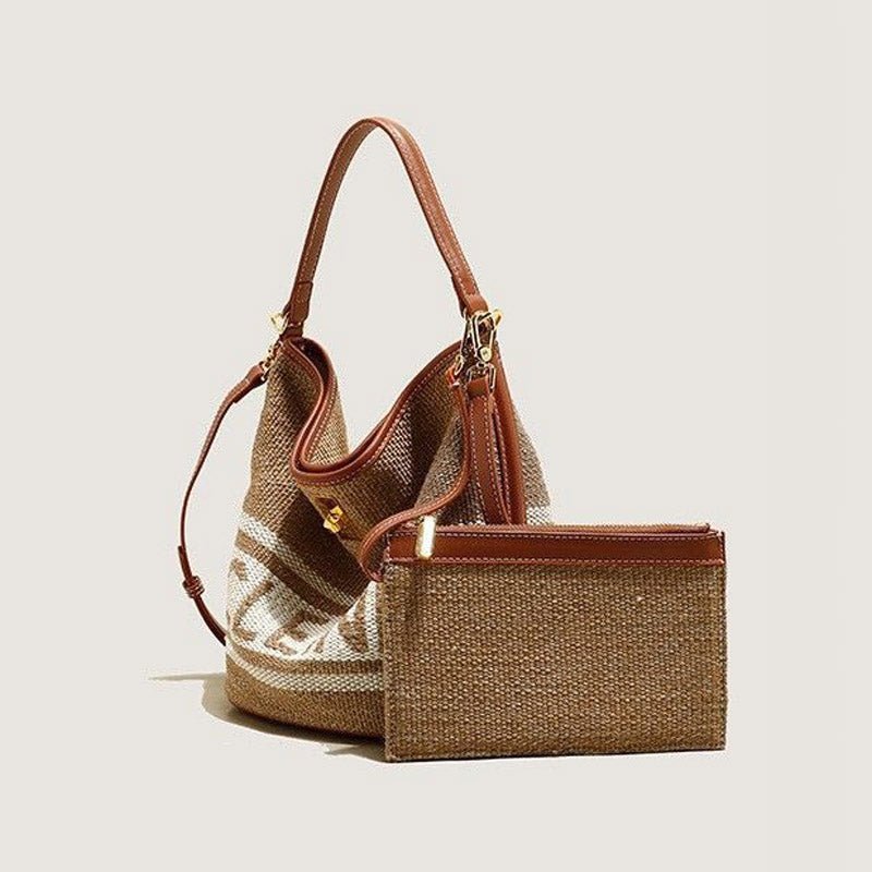 Women's Vintage Woven Wool Bucket Bag with Leather Trim and Matching Pouch - in Tan Brown | Arvea Bags