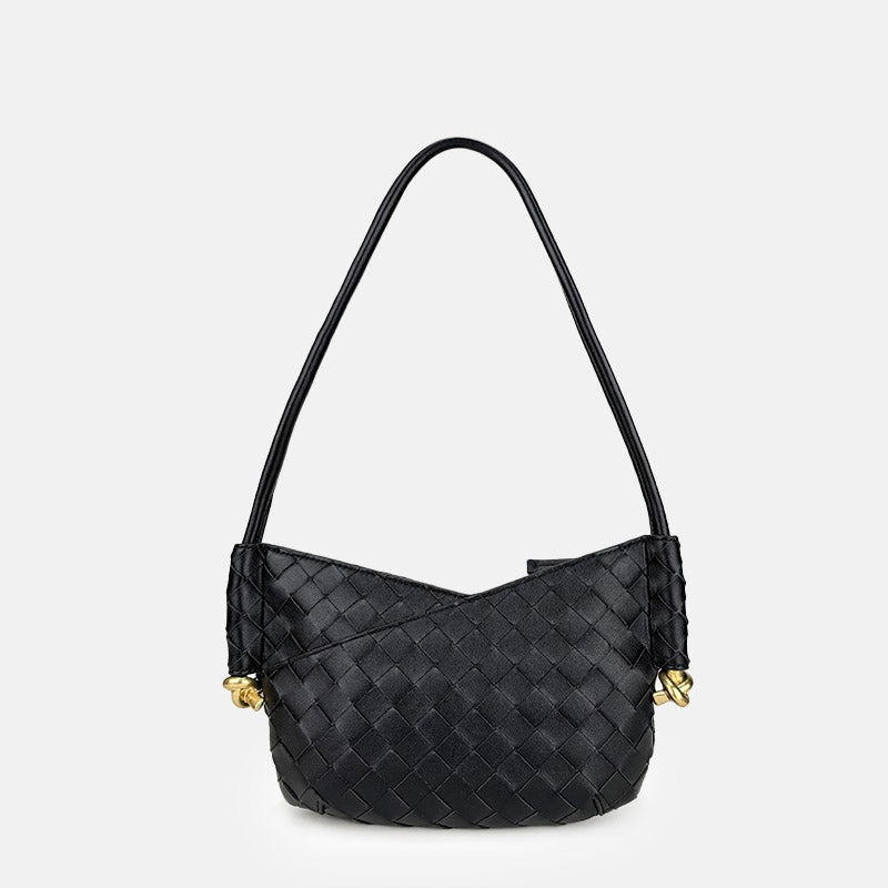 Women's Woven Genuine Leather V - Shaped Baguette Bag - in Black | Arvea Bags