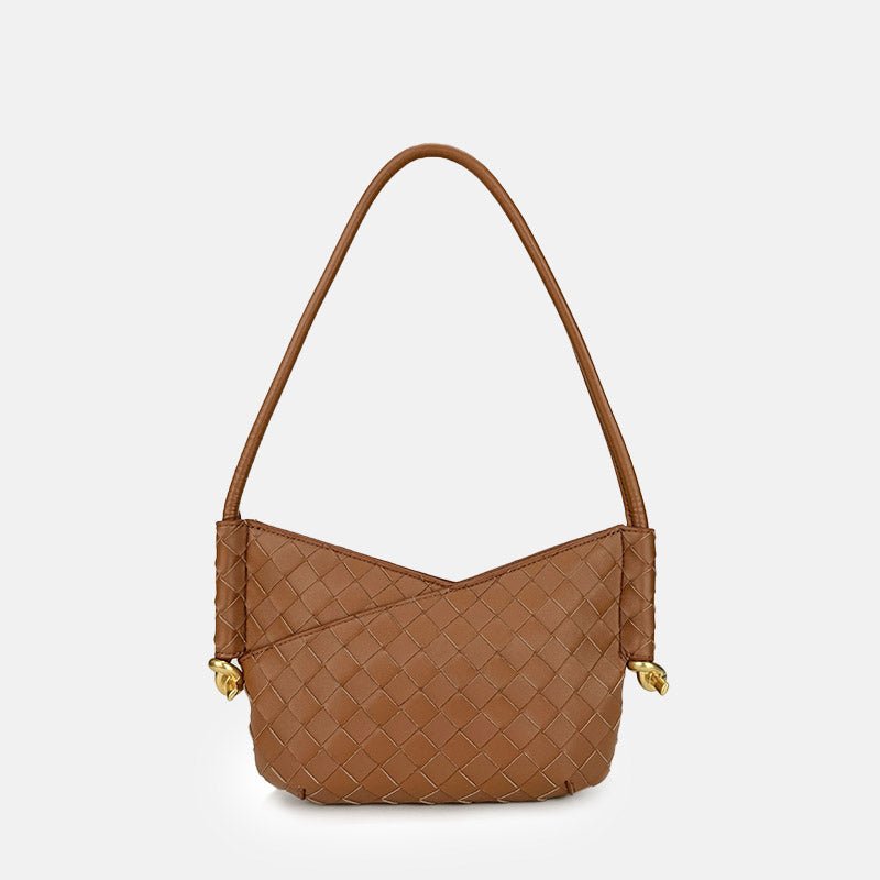Women's Woven Genuine Leather V - Shaped Baguette Bag - in Caramel | Arvea Bags