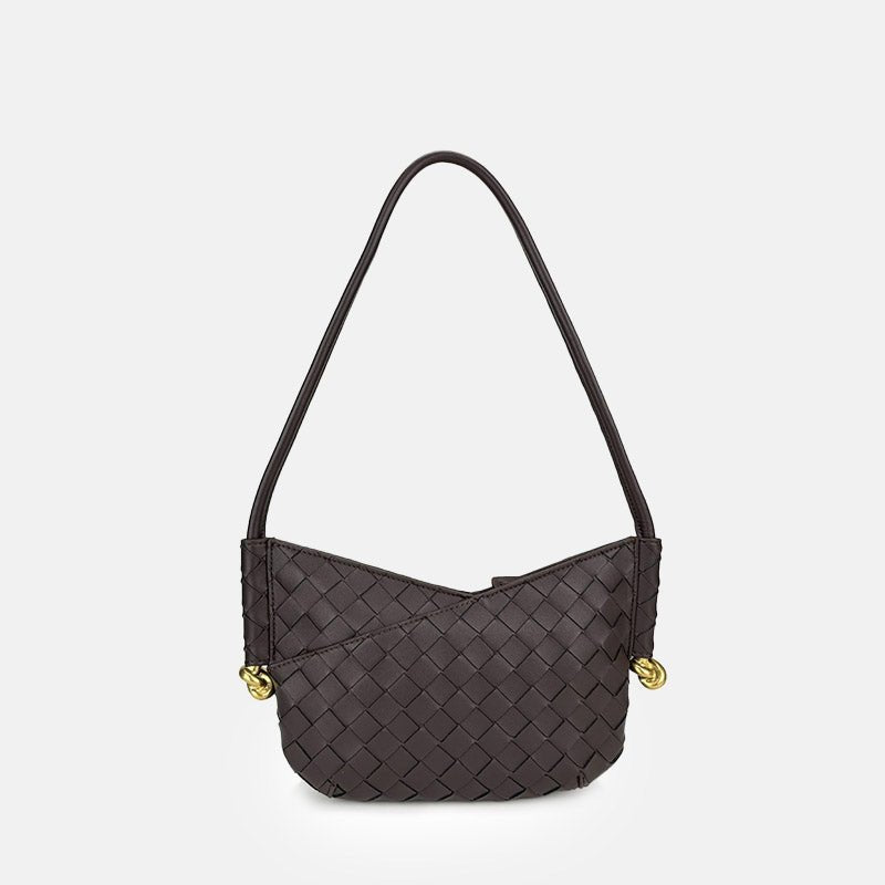 Women's Woven Genuine Leather V - Shaped Baguette Bag - in Coffee | Arvea Bags