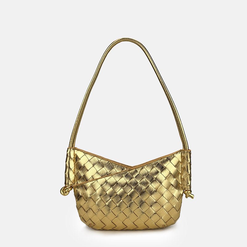 Women's Woven Genuine Leather V - Shaped Baguette Bag - in Gold | Arvea Bags