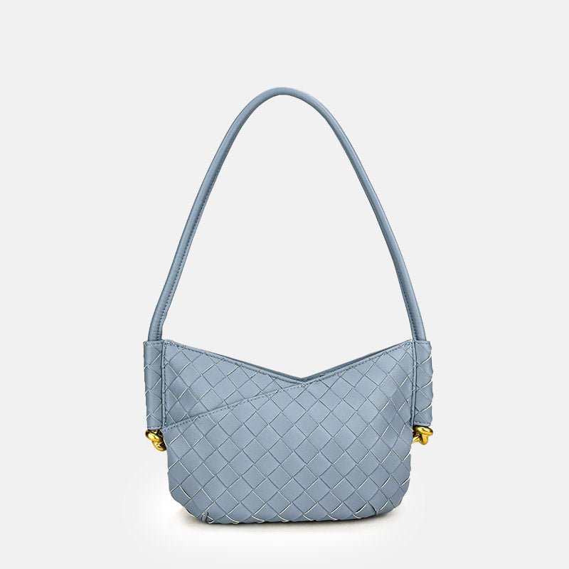 Women's Woven Genuine Leather V - Shaped Baguette Bag - in Light Blue | Arvea Bags
