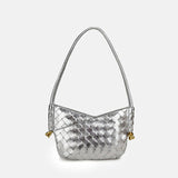 Women's Woven Genuine Leather V - Shaped Baguette Bag - in Silver | Arvea Bags