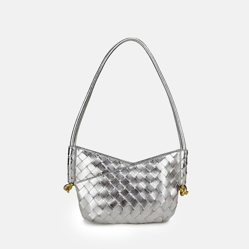 Women's Woven Genuine Leather V - Shaped Baguette Bag - in Silver | Arvea Bags