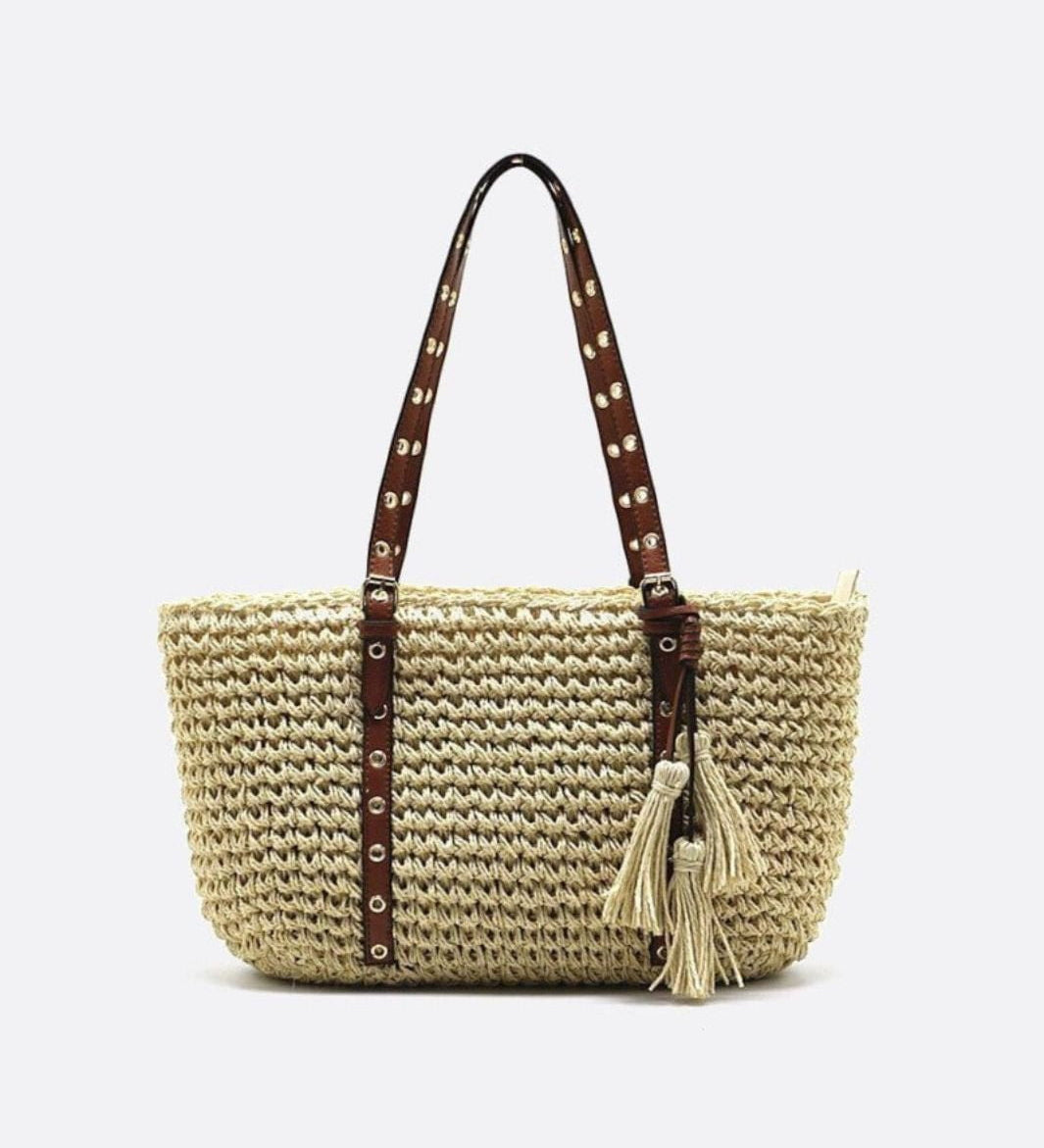 Woven Basket Tote Bag with Tassels – Grommet Strap Shoulder Bag - in Beige | Arvea Bags