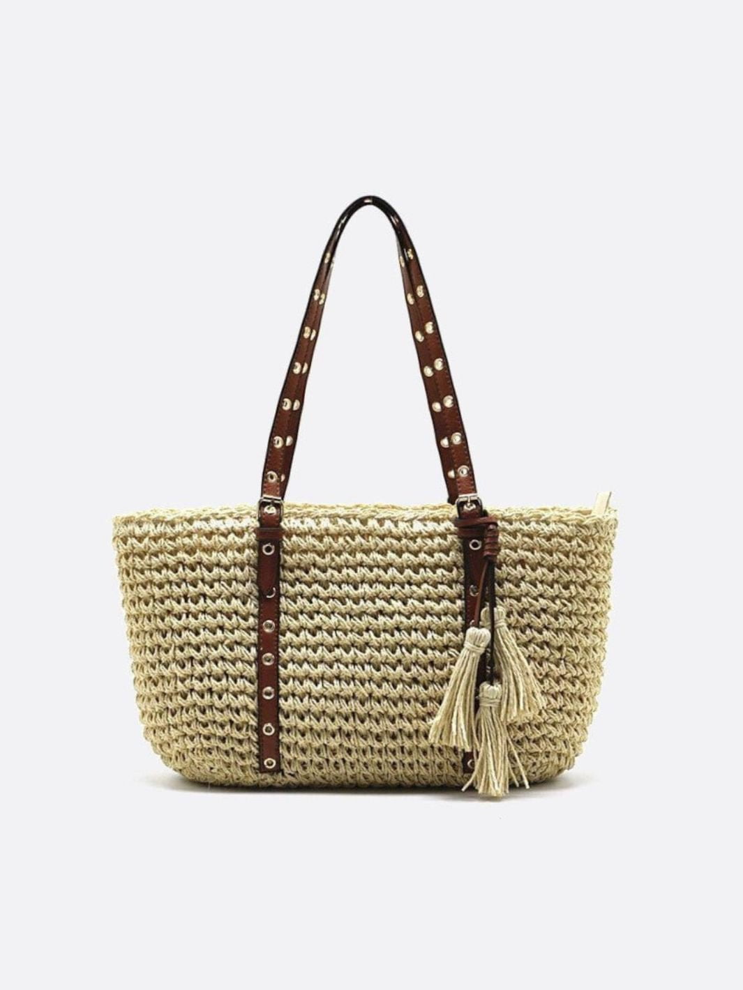 Woven Basket Tote Bag with Tassels – Grommet Strap Shoulder Bag - in Beige | Arvea Bags