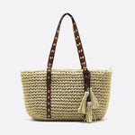 Woven Basket Tote Bag with Tassels – Grommet Strap Shoulder Bag - in Beige | Arvea Bags