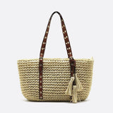 Woven Basket Tote Bag with Tassels – Grommet Strap Shoulder Bag - in Beige | Arvea Bags