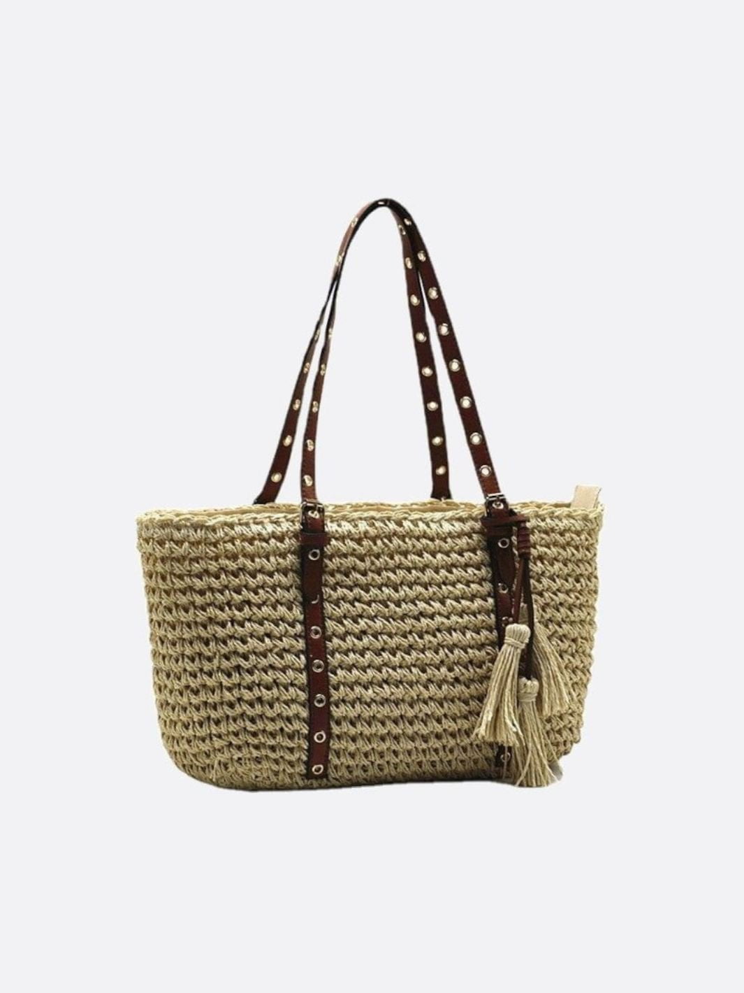 Woven Basket Tote Bag with Tassels – Grommet Strap Shoulder Bag - in Beige | Arvea Bags