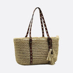 Woven Basket Tote Bag with Tassels – Grommet Strap Shoulder Bag - in Beige | Arvea Bags