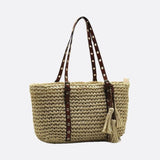Woven Basket Tote Bag with Tassels – Grommet Strap Shoulder Bag - in Beige | Arvea Bags