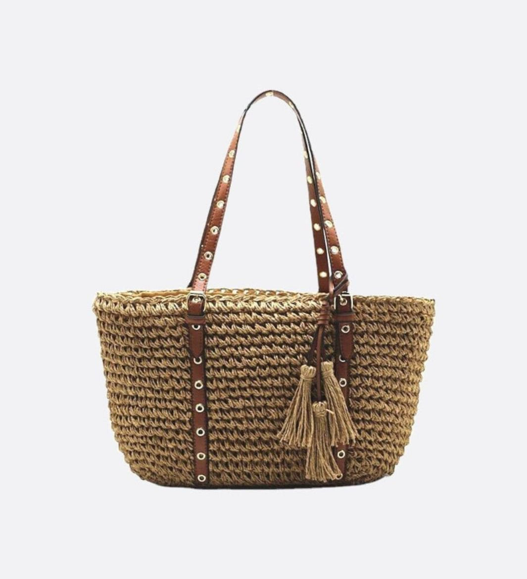 Woven Basket Tote Bag with Tassels – Grommet Strap Shoulder Bag - in Light Brown | Arvea Bags