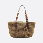 Woven Basket Tote Bag with Tassels – Grommet Strap Shoulder Bag - in Light Brown | Arvea Bags