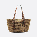 Woven Basket Tote Bag with Tassels – Grommet Strap Shoulder Bag - in Light Brown | Arvea Bags