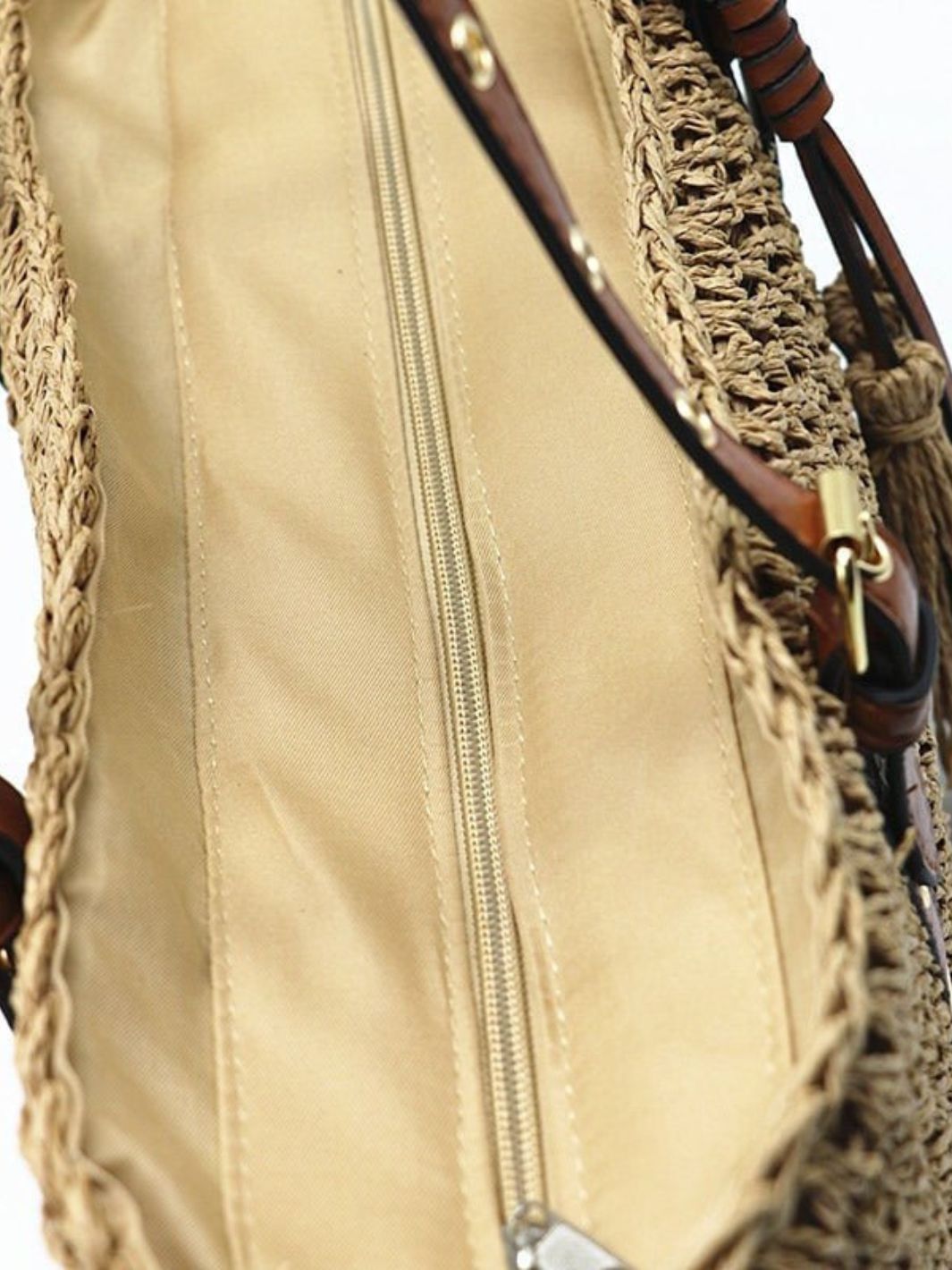 Woven Basket Tote Bag with Tassels – Grommet Strap Shoulder Bag - in Light Brown | Arvea Bags