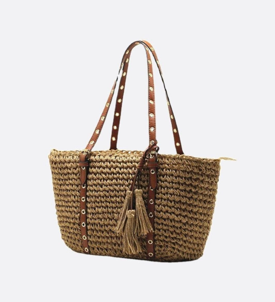 Woven Basket Tote Bag with Tassels – Grommet Strap Shoulder Bag - in Light Brown | Arvea Bags