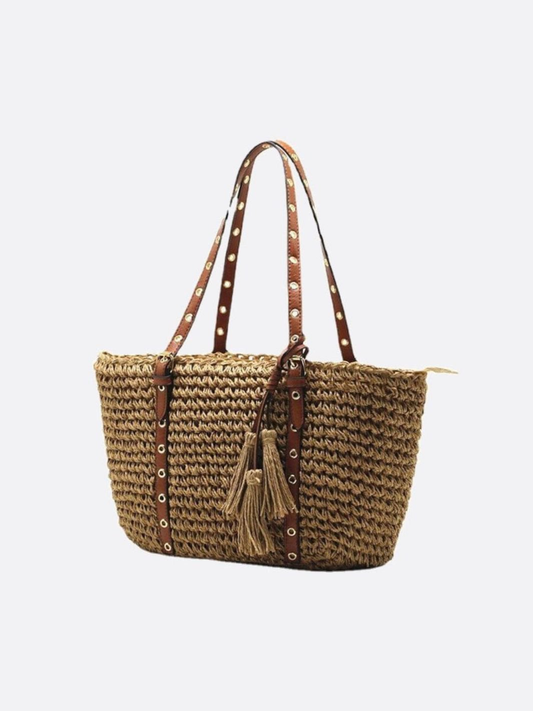 Woven Basket Tote Bag with Tassels – Grommet Strap Shoulder Bag - in Light Brown | Arvea Bags
