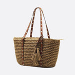 Woven Basket Tote Bag with Tassels – Grommet Strap Shoulder Bag - in Light Brown | Arvea Bags
